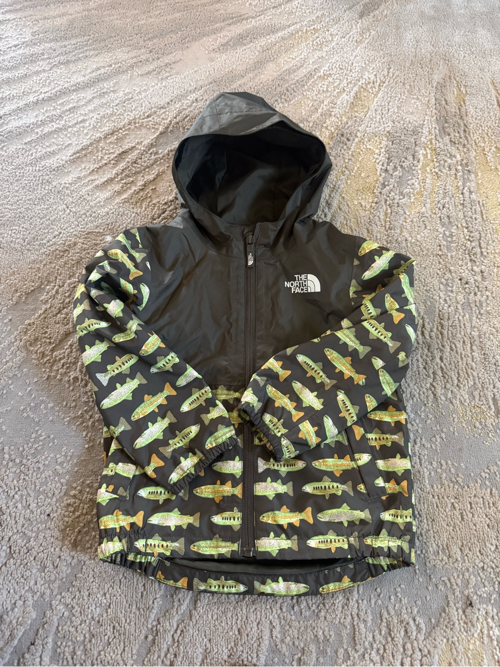 The North Face rain jacket fish print army Green raincoat zip front 3T - Picture 2 of 10